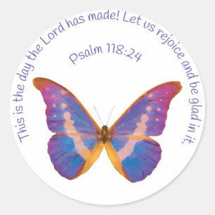 Sticker Rond Psaume 118:24 et papillon aquarelle