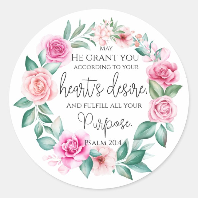 Sticker Rond Psaume 20:4 Bible chrétienne Verse rose Floral (Devant)