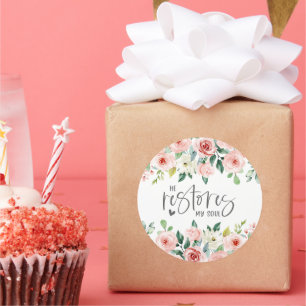 Sticker Rond Psaume 23:3 Il rétablit mon âme Bible Verse & Rose