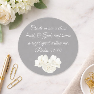 Sticker Rond Psaume 51:10 Créer En Moi Blanc Floral Christian