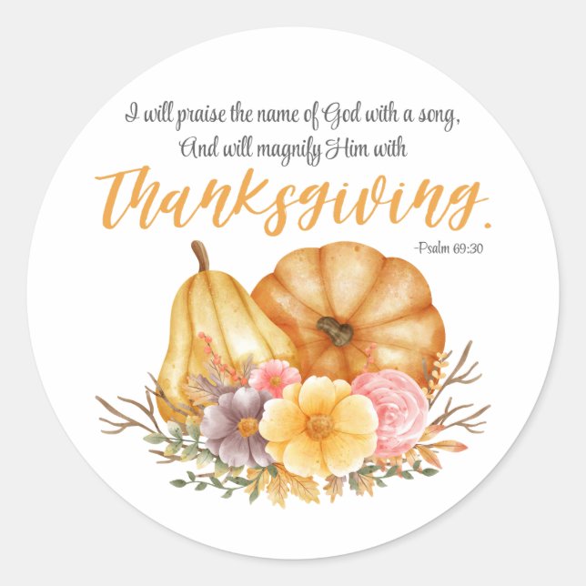 Sticker Rond Psaume 69:30 Thanksgiving Verse Citrouille Automne (Devant)
