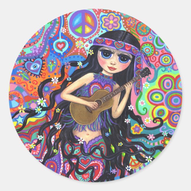 Sticker Rond Psychédélique Hippie Mermaid Girl Jouant de la gui (Devant)