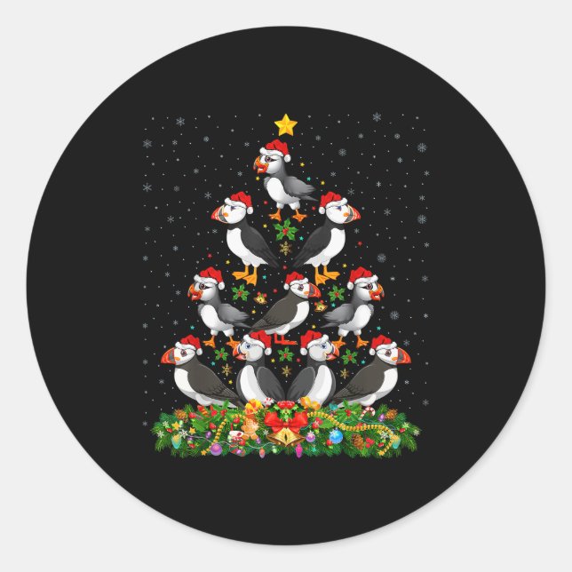 Sticker Rond Puffin Bird Xmas Tree Gift Santa Hat Puffin Christ (Devant)