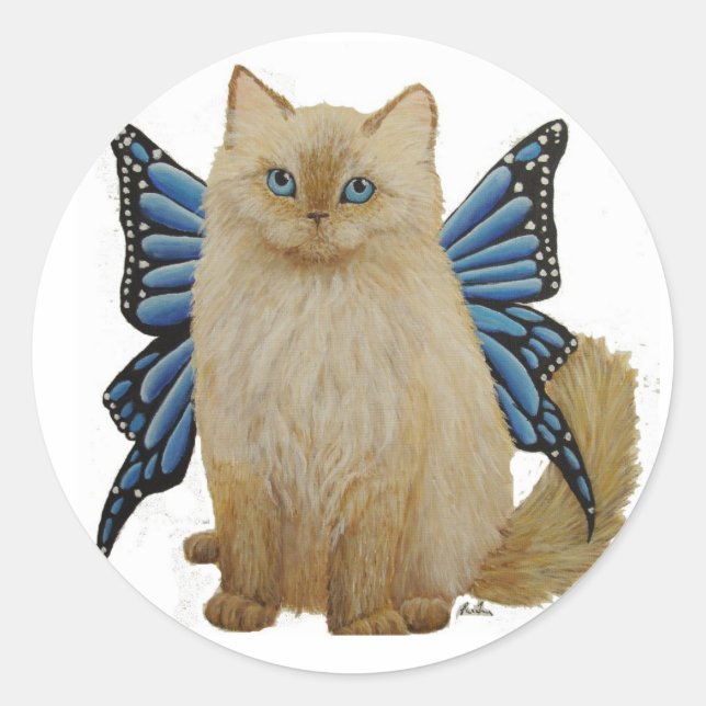 Sticker Rond Puffy, le chat Fée aux papillons (Devant)