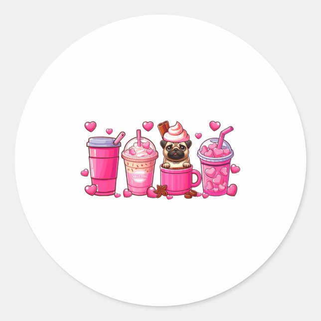 Sticker Rond Pug Inside Cup Coffees Lover Valentines Day Heart  (Devant)