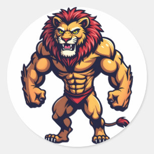 Sticker Rond Puissant Lion Musculaire Bold Athlétisme