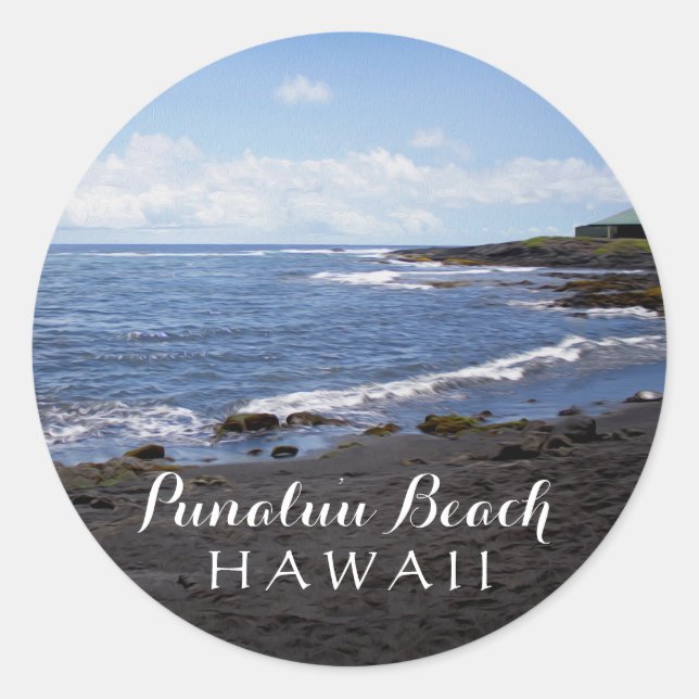 Sticker Rond Punalu'u Black Sand Beach Hawaii Digital Oil Paint (Devant)