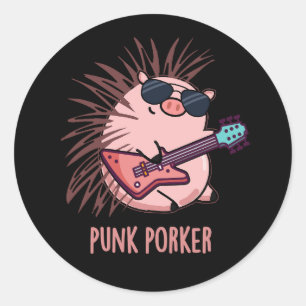 Sticker Rond Punk Porker Funny Punk Rocker Pig Pun Dark BG