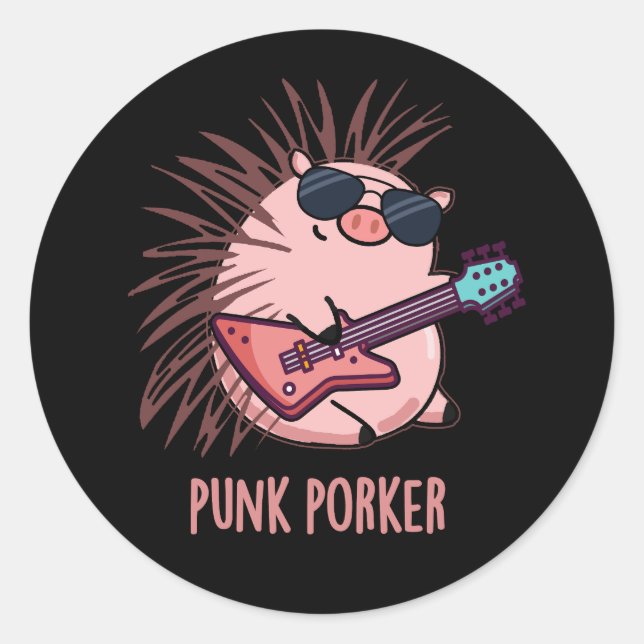 Sticker Rond Punk Porker Funny Punk Rocker Pig Pun Dark BG (Devant)