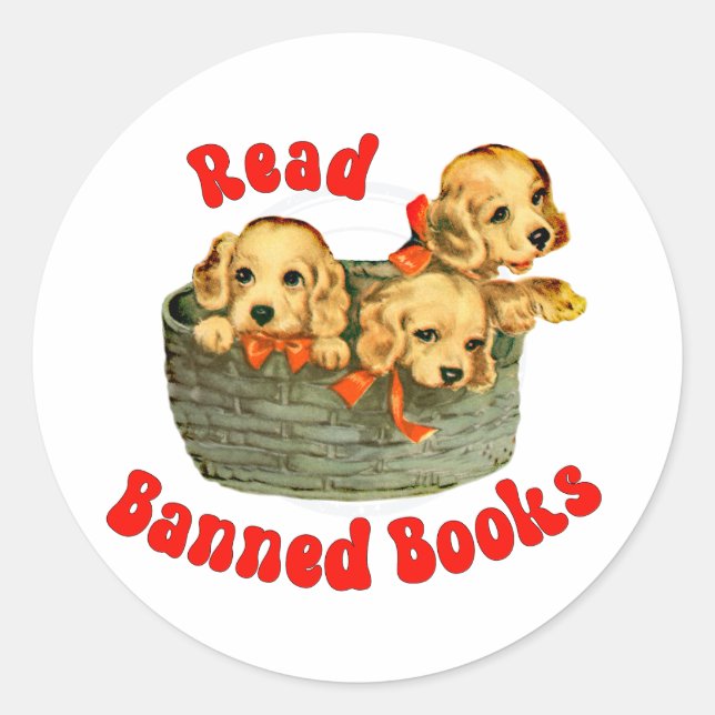 Sticker Rond Puppies rétro mignonnes - Lire Livres interdits (Devant)