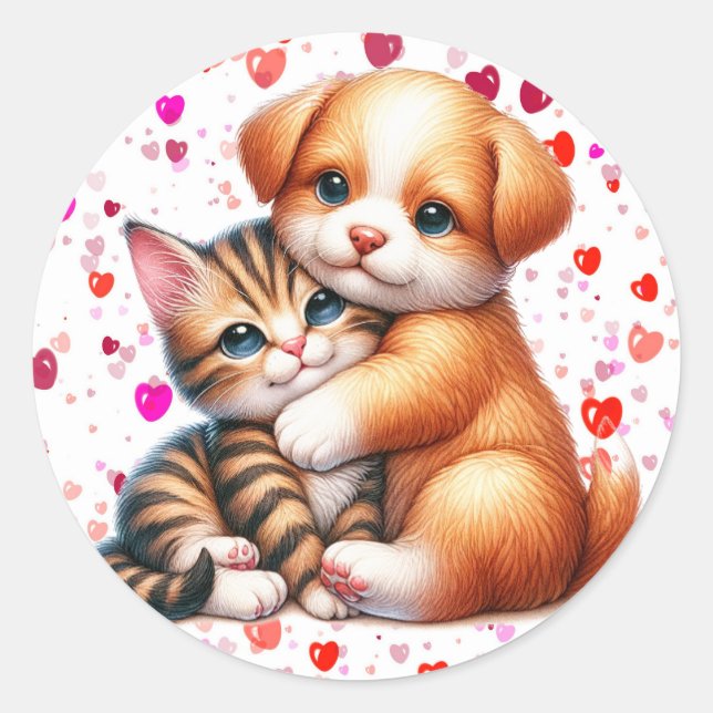 Sticker Rond Puppy & Kitty Hug Valentine's Day mignonne (Devant)