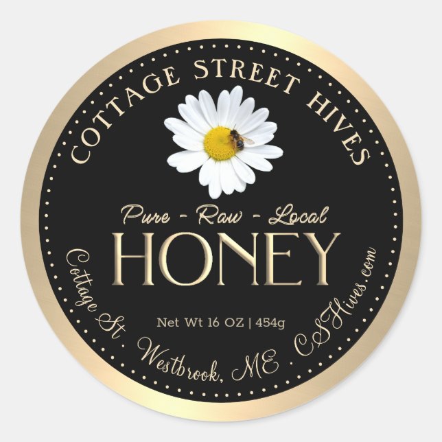 Sticker Rond Pure Raw Local Honey Daisy Bee Black Gold Bordure (Devant)