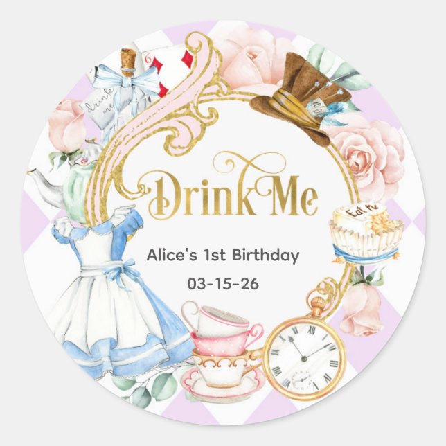 Sticker Rond Purple, Alice Onederland, Buvez-moi Anniversaire (Devant)