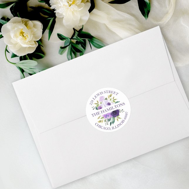 Sticker Rond Purple Aquarelle Florale Adresse de retour (Créateur téléchargé)