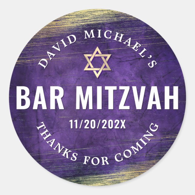 Sticker Rond Purple Bar Mitzvah Aquarelle Or Foil Moderne (Devant)