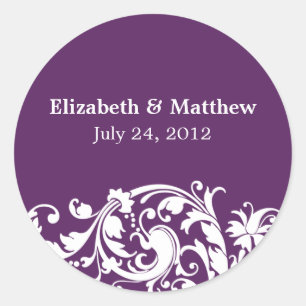 Sticker Rond Purple & Blanc Flourish Swirl Mariage Favoriser Ét