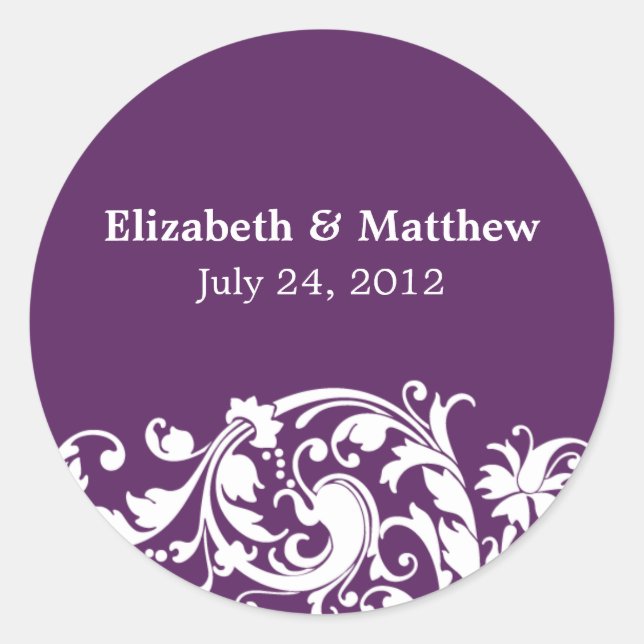 Sticker Rond Purple & Blanc Flourish Swirl Mariage Favoriser Ét (Devant)