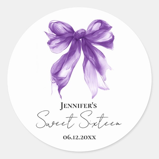 Sticker Rond Purple Bow Coquette Script Sweet 16 Party  (Devant)