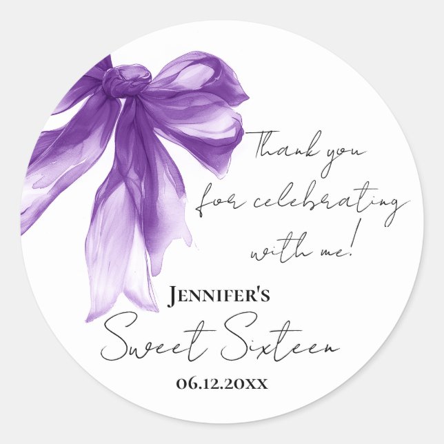 Sticker Rond Purple Bow Coquette Script Sweet 16 Thank You  (Devant)