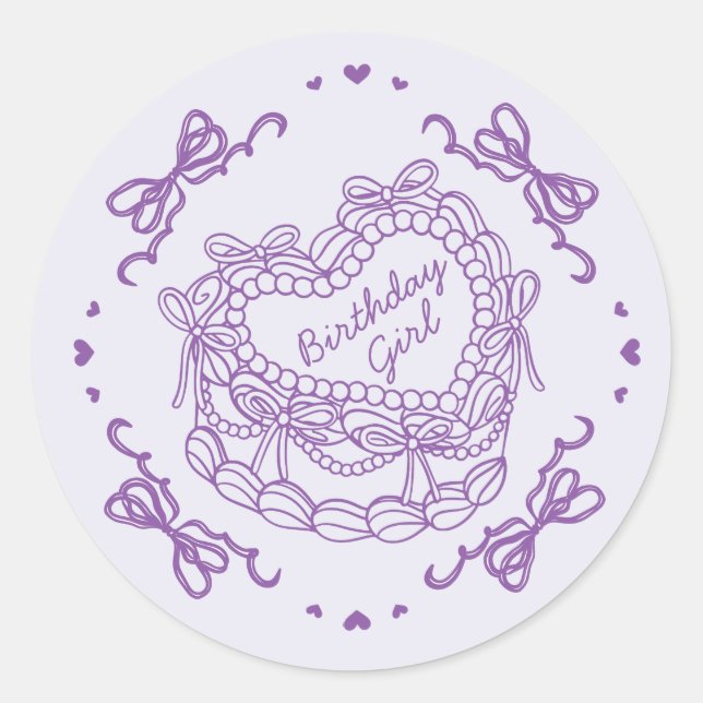 Sticker Rond Purple Bow Retro Coeur Coquette gâteau Anniversair (Devant)