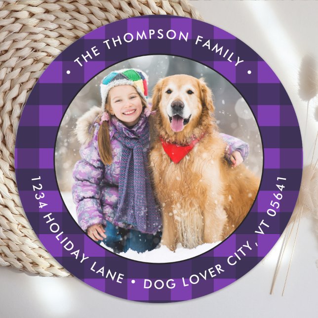 Sticker Rond Purple Buffalo Plaid Photo personnalisée Adresse d (Créateur téléchargé)