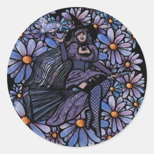 Sticker Rond Purple Coffee Witch Daisy Art