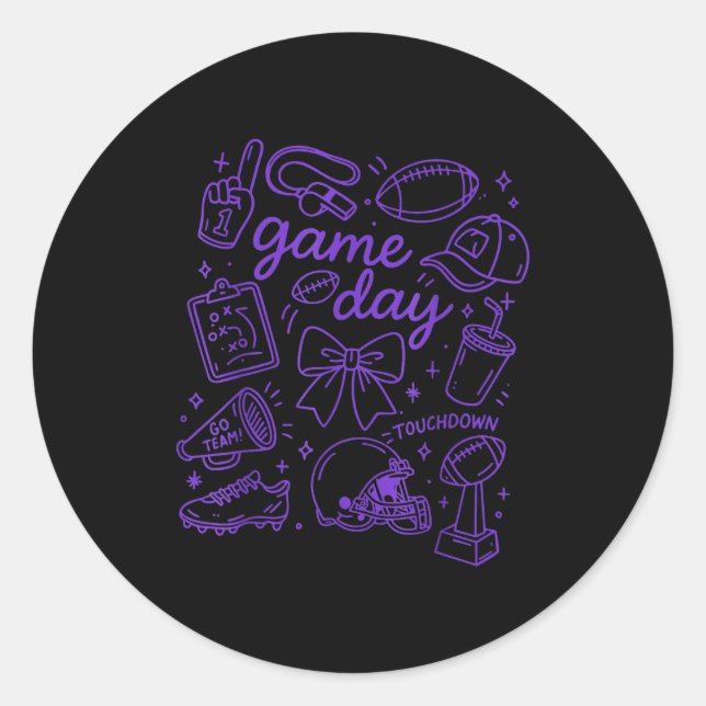 Sticker Rond Purple Coquette Bow Cheer Game Day Doodle Touchdow (Devant)