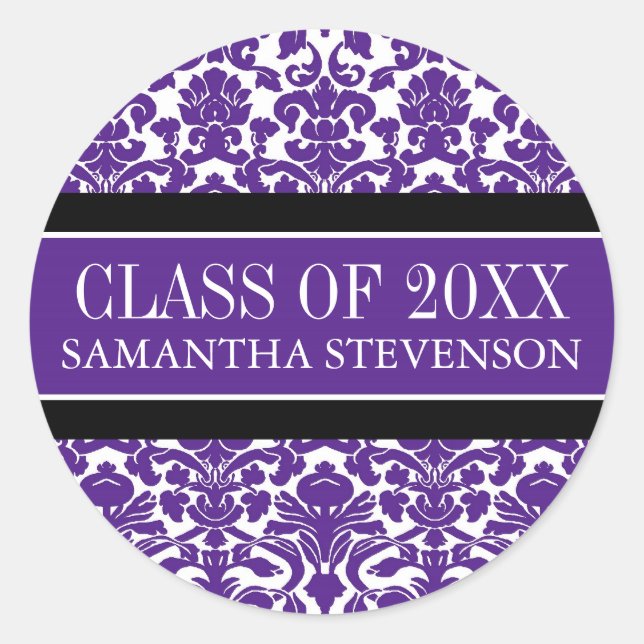 Sticker Rond Purple Damask Graduation Custom Nom de l'année (Devant)