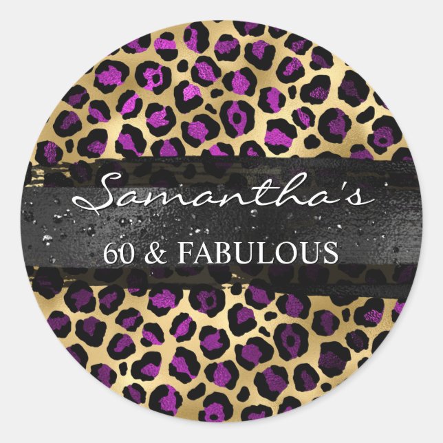 Sticker Rond Purple et Gold Foil Leopard 60 & Fabulous (Devant)