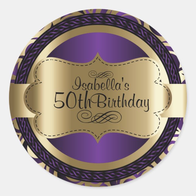 Sticker Rond Purple et Gold Swirl Anniversaire Abstrait (Devant)