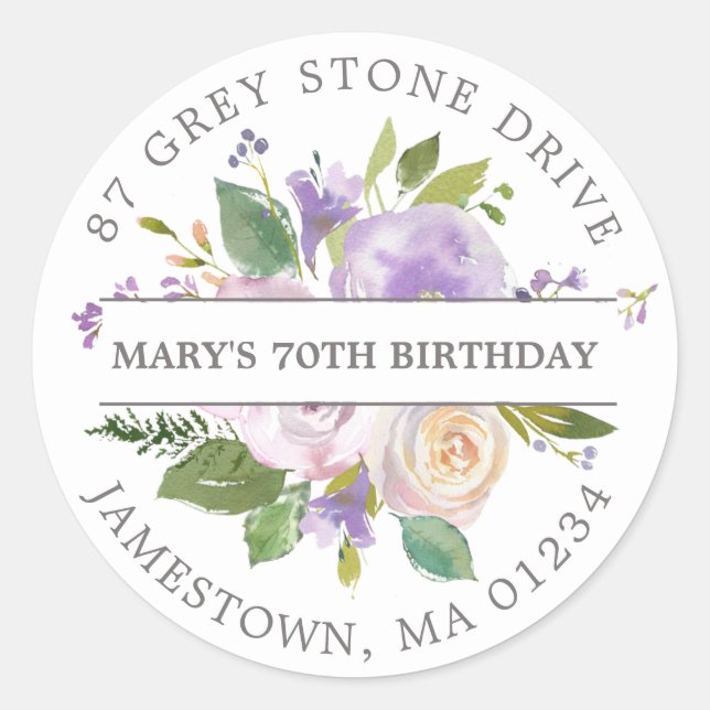 Sticker Rond Purple Floral 70e Anniversaire Adresse de retour L (Devant)