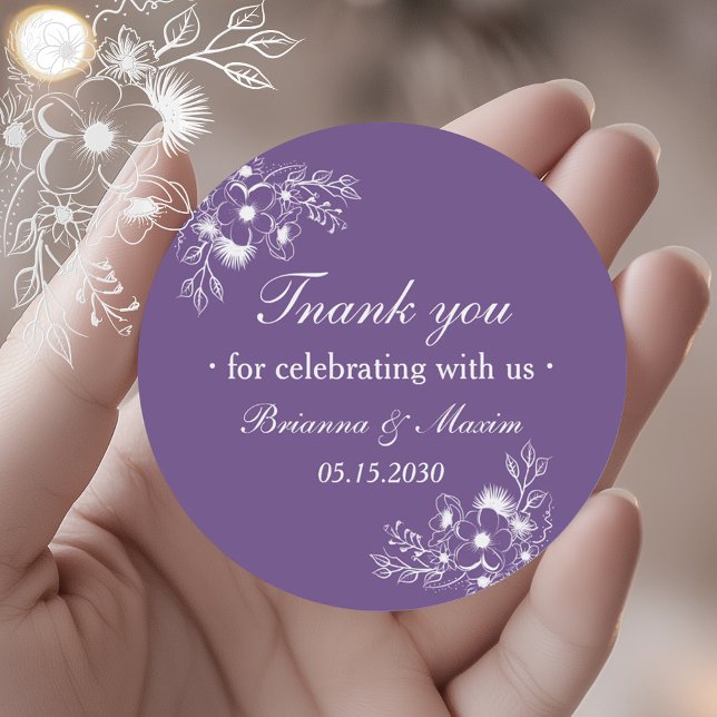 Sticker Rond Purple Floral Wedding Thank You (Créateur téléchargé)
