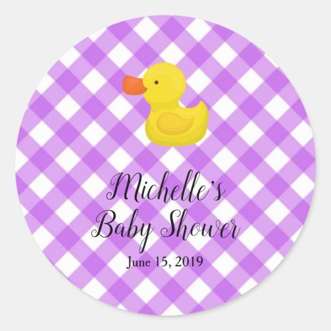 Sticker Rond Purple Gingham Rubber Duckie Baby Shower (Devant)