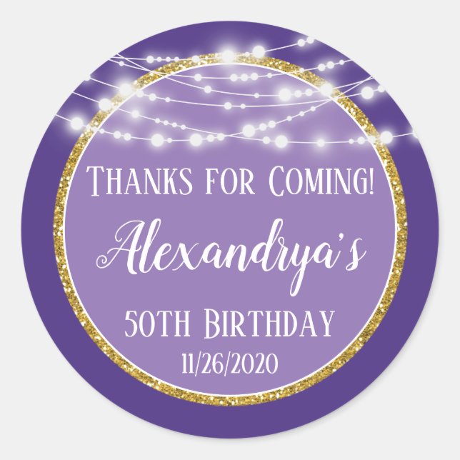 Sticker Rond Purple Gold Anniversaire Merci D'Être Venu Favor T (Devant)