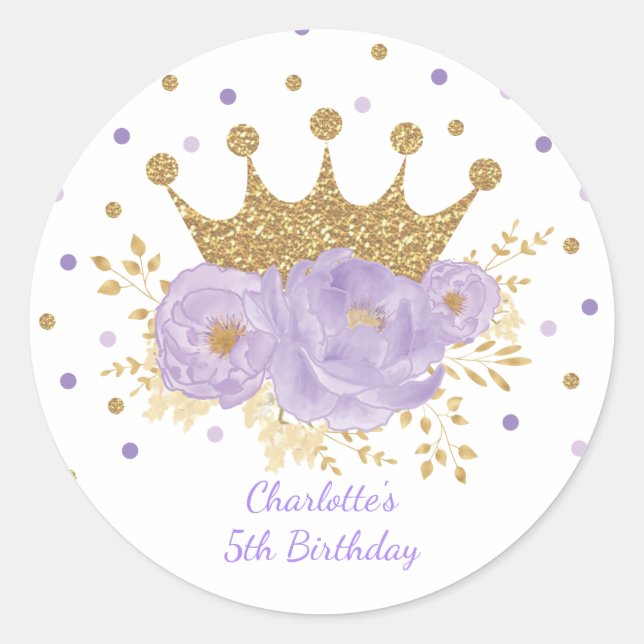 Sticker Rond Purple Gold Crown Princess Floral Birthday Baby (Devant)