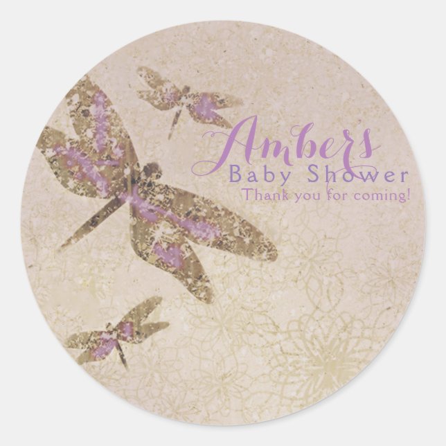 Sticker Rond Purple & Gold Dragonflies Fête de libellules Favor (Devant)