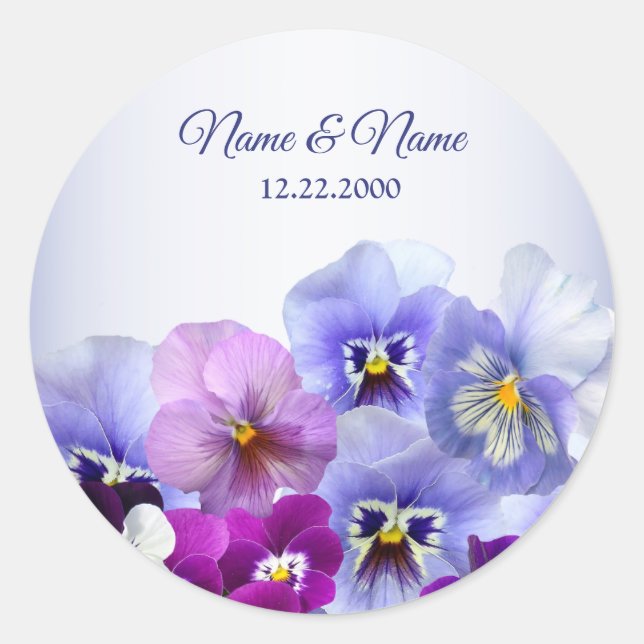 Sticker Rond Purple Lilac Pansy Floral Rustic Wedding Party (Devant)