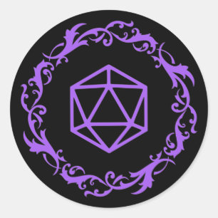Sticker Rond Purple Magical D20 Dice of Wizard Tabletop RPG