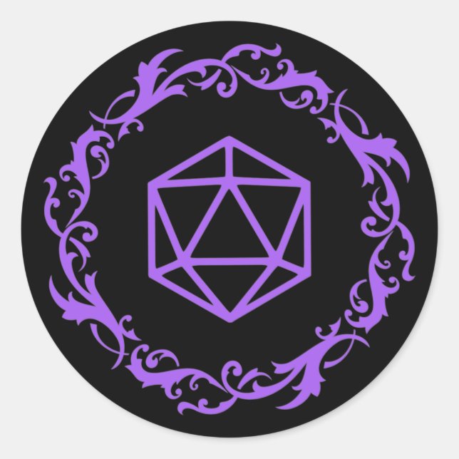 Sticker Rond Purple Magical D20 Dice of Wizard Tabletop RPG (Devant)