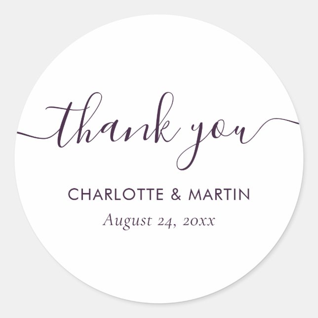 Sticker Rond Purple Modern Script Wedding Thank You (Devant)