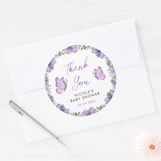 Sticker Rond Purple Papillons Aquarelle Fleur sauvage Baby Show (Enveloppe)