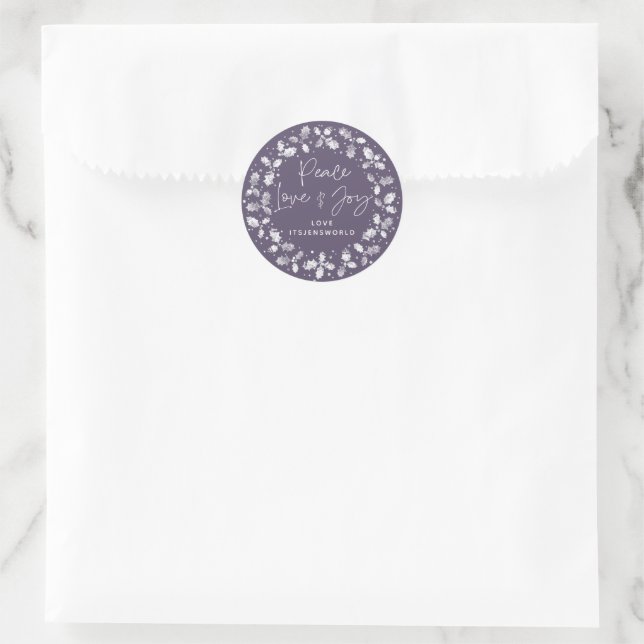 Sticker Rond Purple Peace Love+Joy Holly Wreath (Sac)