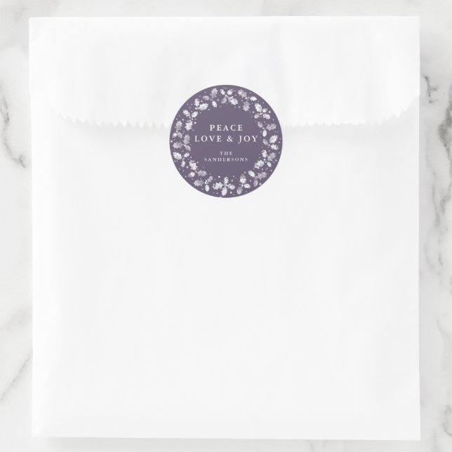 Sticker Rond Purple Peace Love + Joy Holly Wreath (Sac)