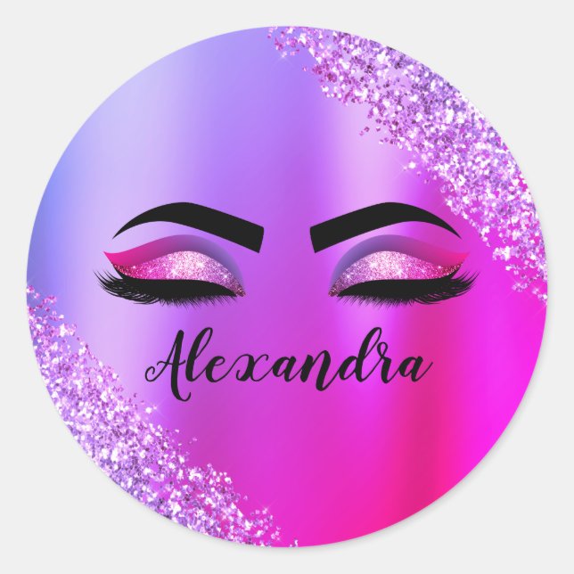Sticker Rond Purple Pink Monogram Glitter Eyelashes (Devant)