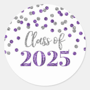 Sticker Rond Purple Silver Confetti Graduation 2025