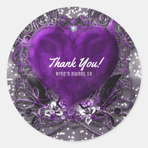 Sticker Rond Purple & Silver Heart Sparkle Glamor Party Favoris