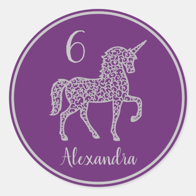 Sticker Rond Purple Silver Unicorne fête d'anniversaire Nom pro (Devant)