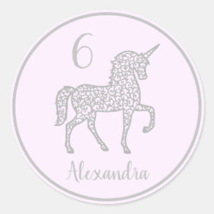 Sticker Rond Purple Silver Unicorne fête d'anniversaire Nom pro