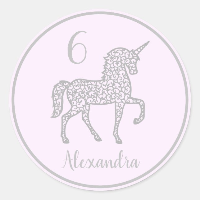 Sticker Rond Purple Silver Unicorne fête d'anniversaire Nom pro (Devant)