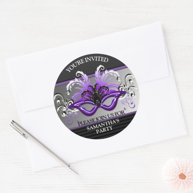 Sticker Rond Purple Sweet 16 Masquerade Party Envelope Sceau (Enveloppe)